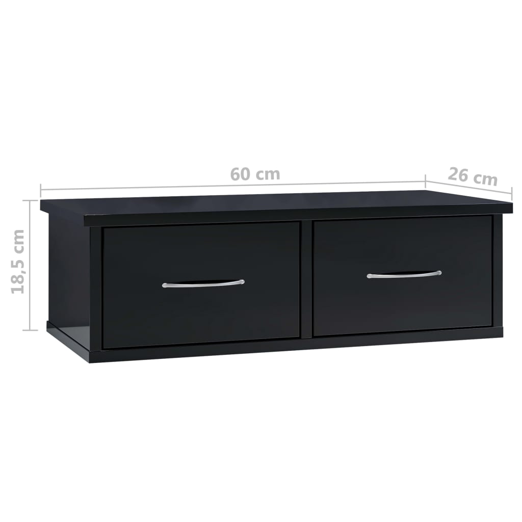vidaXL Półka ścienna z szufladami, czarna, wysoki połysk, 60x26x18,5cm