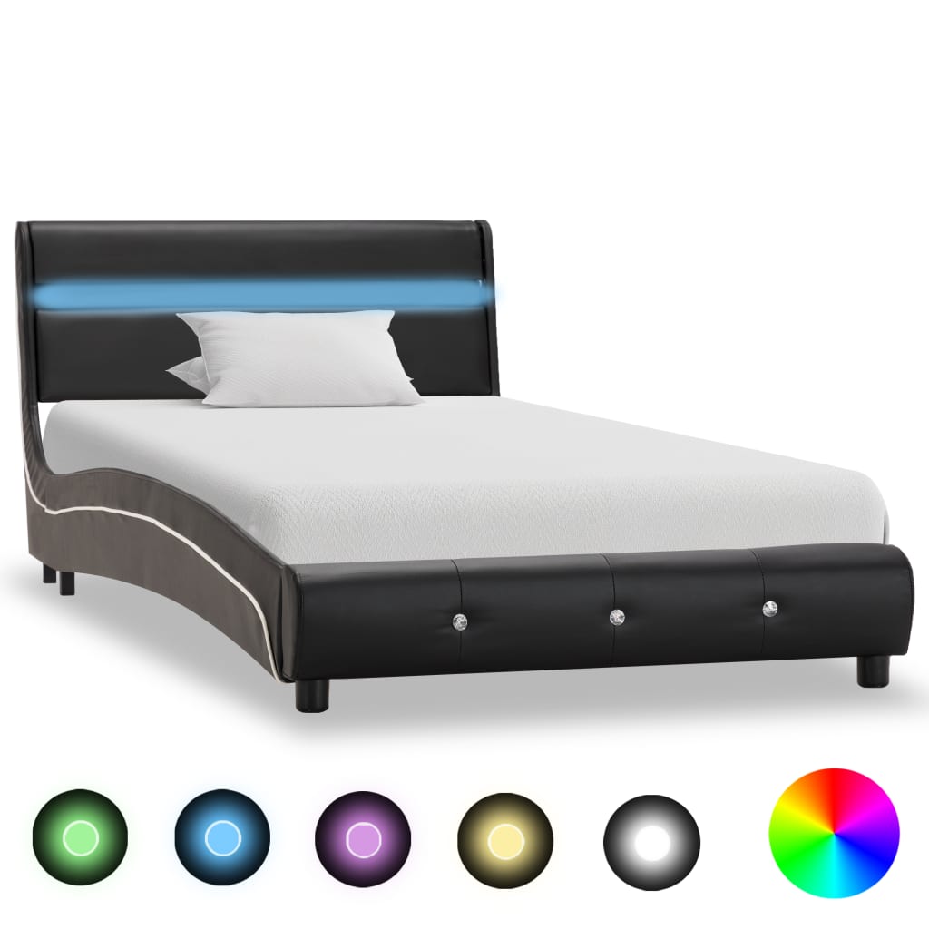 vidaXL Rama łóżka z LED, czarna, sztuczna skóra, 90 x 200 cm