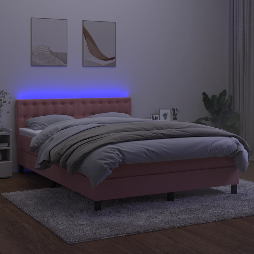 vidaXL Łóżko kontynentalne z materacem i LED, różowy aksamit 140x200cm