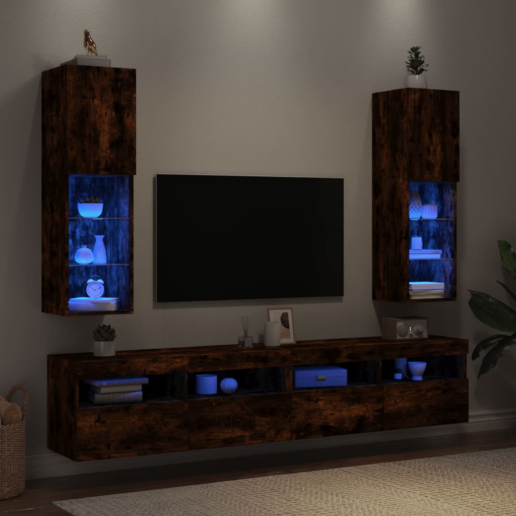 vidaXL Szafki TV, z LED, 2 szt., przydymiony dąb, 30,5x30x102 cm