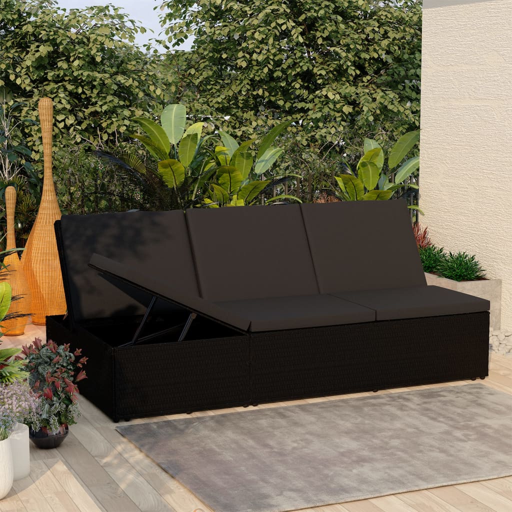 vidaXL Rozkładane łóżko ogrodowe z poduszką, polirattan, czarne