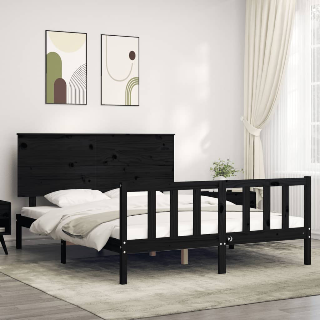 vidaXL Rama łóżka z wezgłowiem, czarna, 160x200 cm, lite drewno