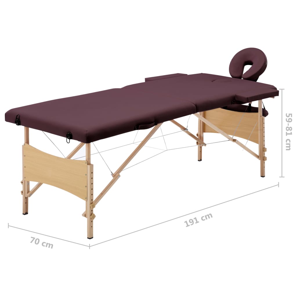 vidaXL Składany stół do masażu, 2-strefowy, drewniany, winny fiolet