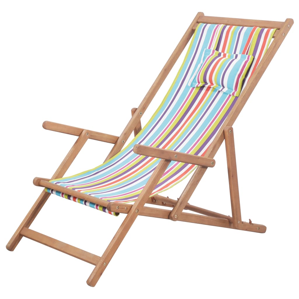 vidaXL Składany leżak plażowy, tkanina i drewniana rama, wielokolorowy