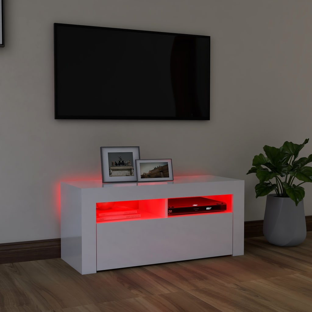vidaXL Szafka TV z oświetleniem LED, wysoki połysk, biała, 90x35x40 cm