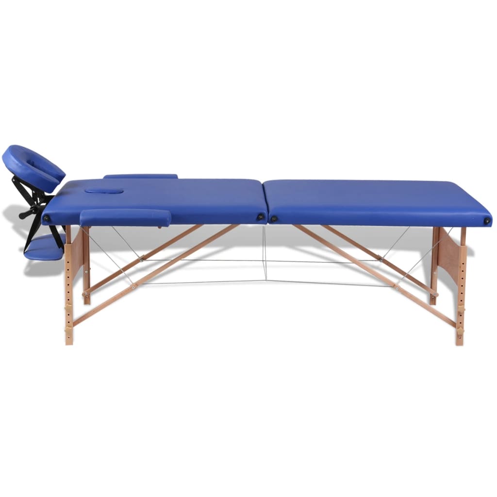 vidaXL Składany stół do masażu z drewnianą ramą, 2 strefy, niebieski