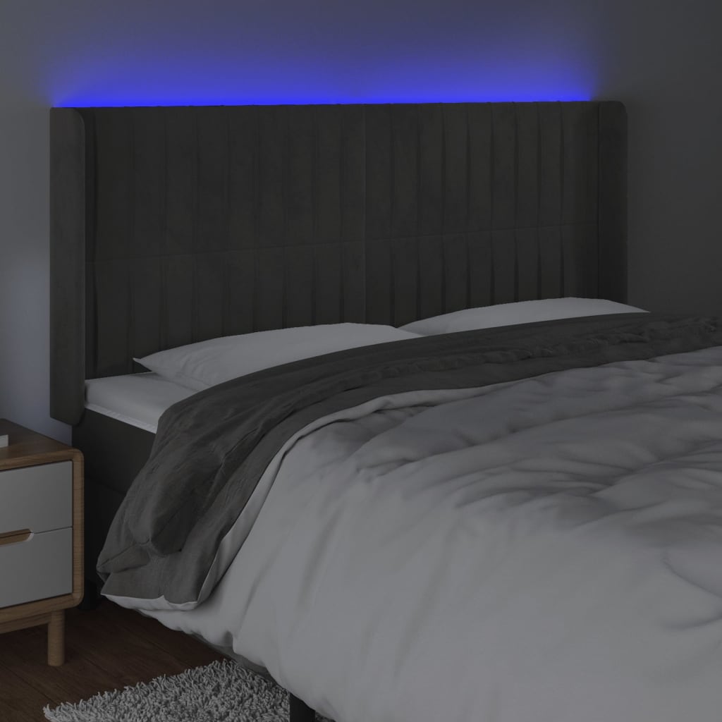 vidaXL Zagłówek do łóżka z LED, ciemnoszary, 203x16x118/128cm, aksamit
