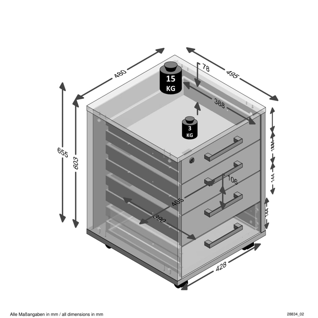 FMD Mobilna szafka z szufladami, 48x49,5x65,5 cm, biało-dębowa