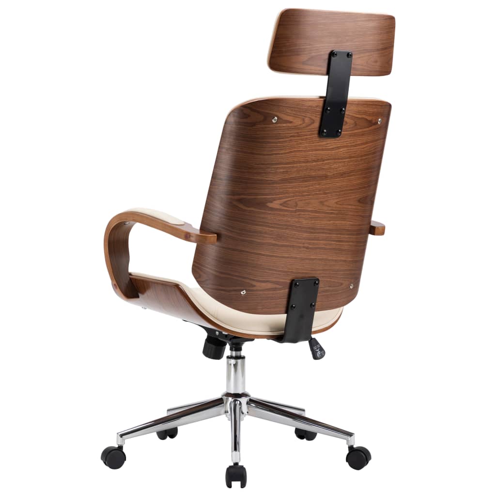 vidaXL Krzesło obrotowe z zagłówkiem, kremowe, ekoskóra i gięte drewno