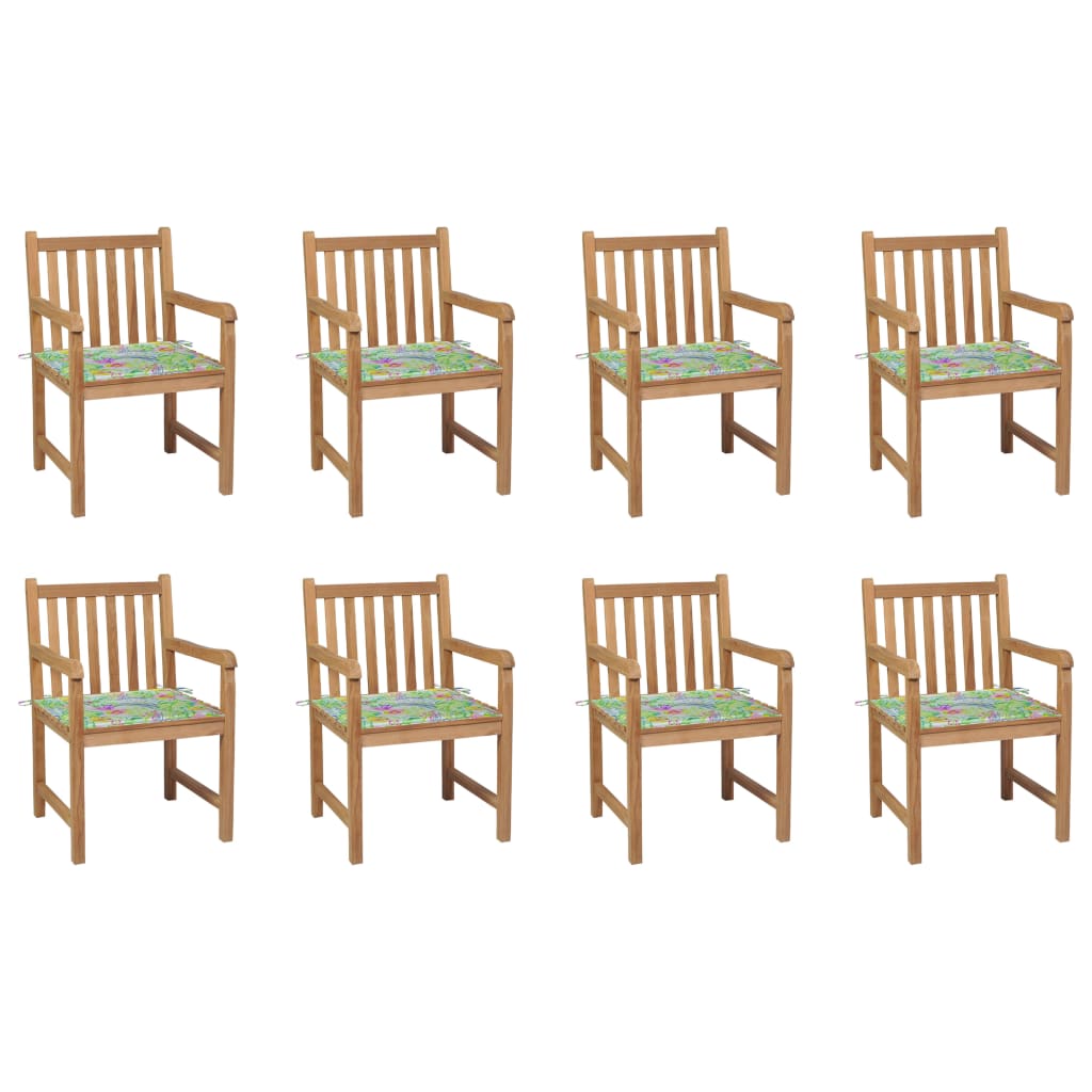 vidaXL Krzesła ogrodowe, 8 szt., z poduszkami w liście, drewno tekowe