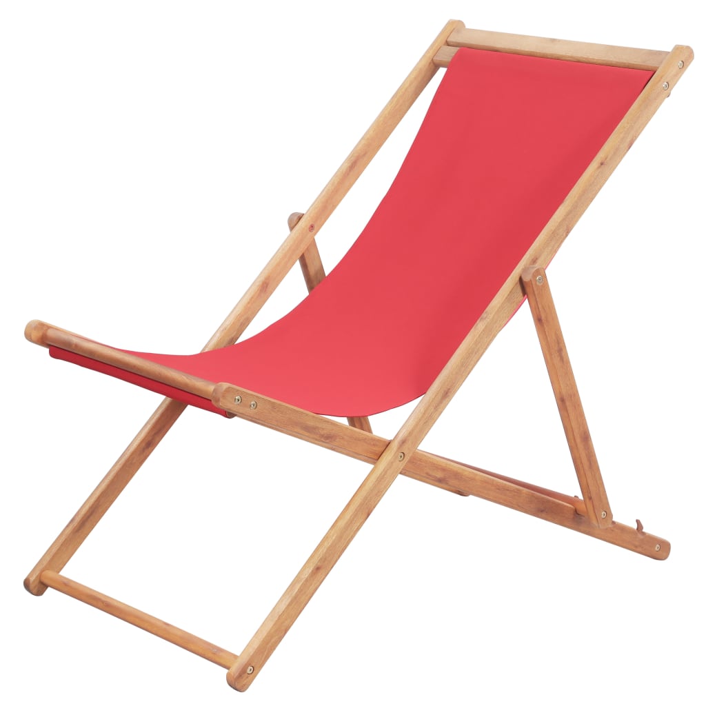 vidaXL Składany leżak plażowy, tkanina i drewniana rama, czerwony
