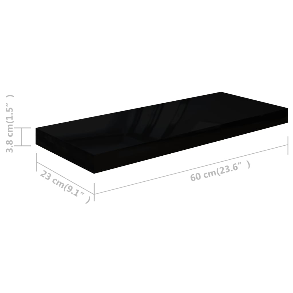 vidaXL Półki ścienne 2 szt., wysoki połysk, czarne, 60x23,5x3,8 cm MDF