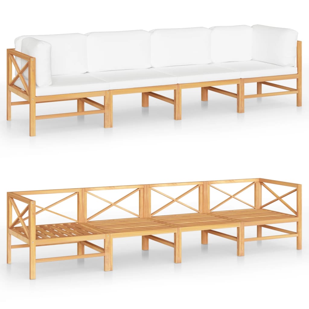 vidaXL 4-os. sofa ogrodowa z kremowymi poduszkami, lite drewno tekowe