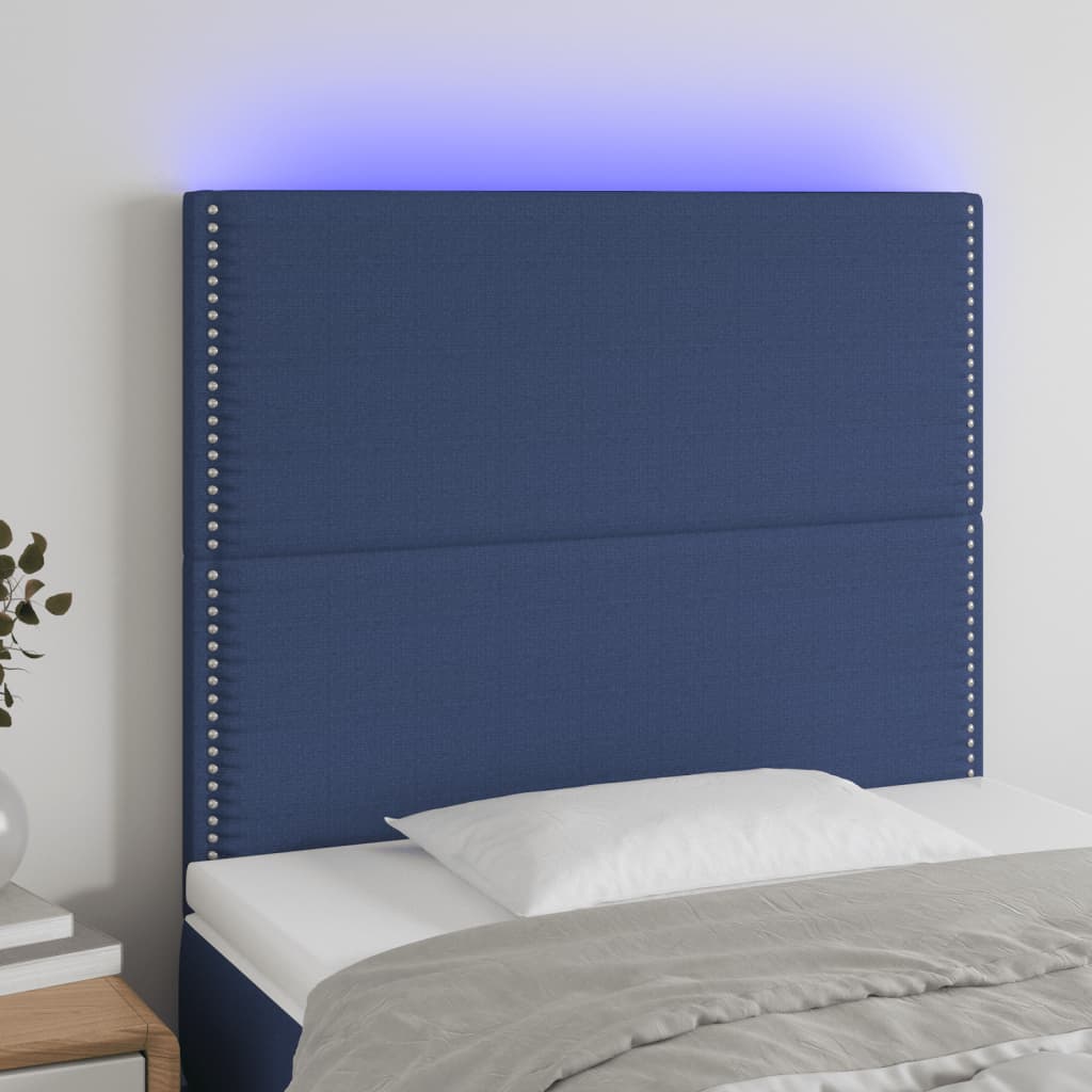 vidaXL Zagłówek do łóżka z LED, niebieski, 90x5x118/128 cm, tkanina