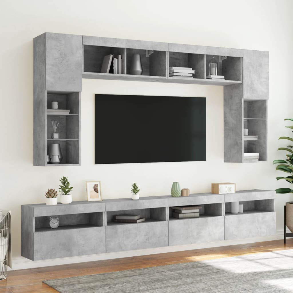 vidaXL 8-cz. zestaw ściennych szafek TV z LED, szarość betonu
