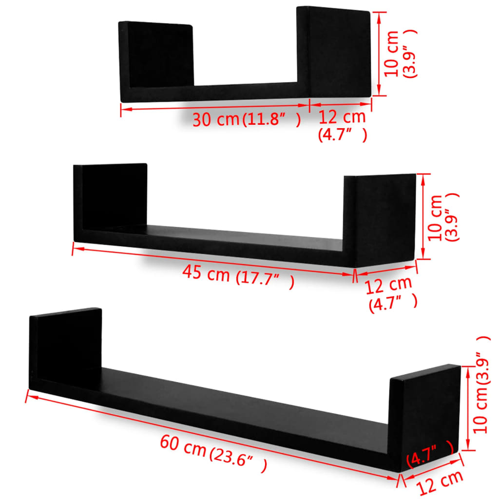 vidaXL Wiszące półki w kształcie U, 3 szt., czarne