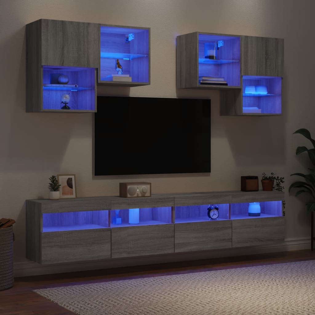 vidaXL 6-cz. zestaw ściennych szafek TV z LED, szary dąb sonoma