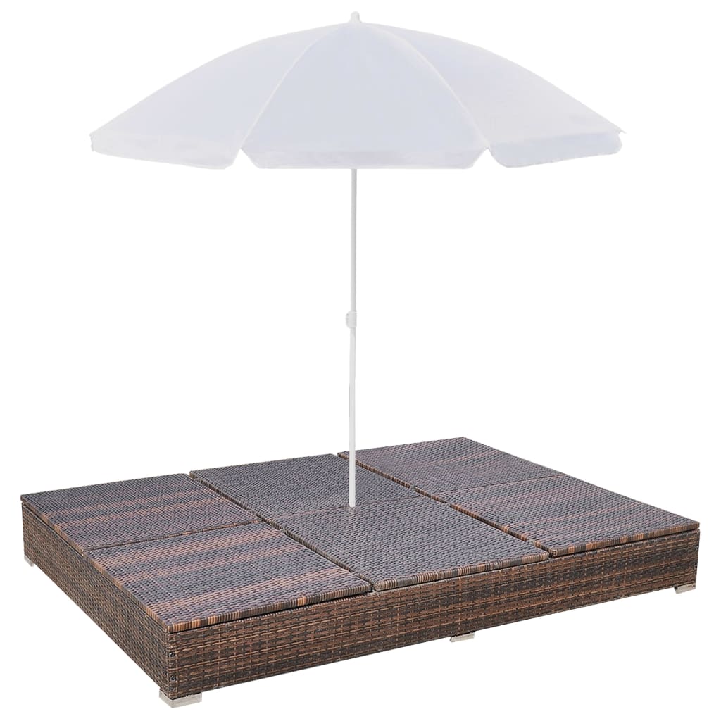 vidaXL Leżak ogrodowy z parasolem, polirattan, brązowy