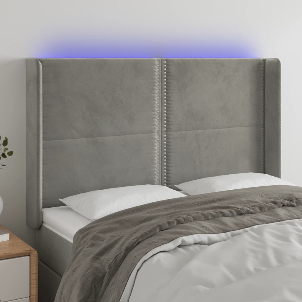 vidaXL Zagłówek do łóżka z LED, jasnoszary, 147x16x118/128 cm, aksamit