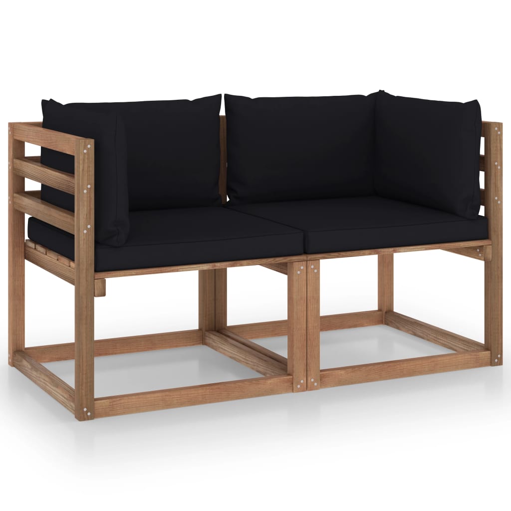 vidaXL Ogrodowa sofa 2-os. z palet, z czarnymi poduszkami, sosna