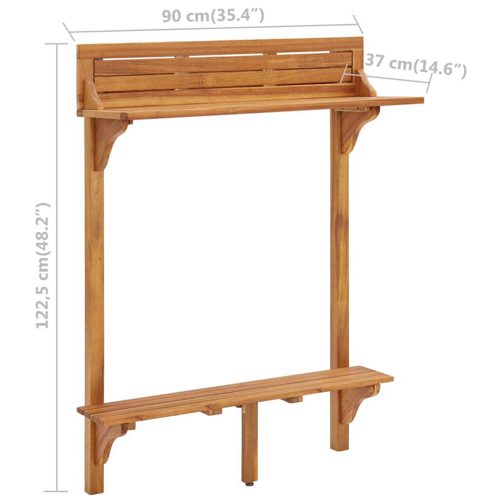 vidaXL Barowy stolik balkonowy, 90x37x122,5 cm, lite drewno akacjowe