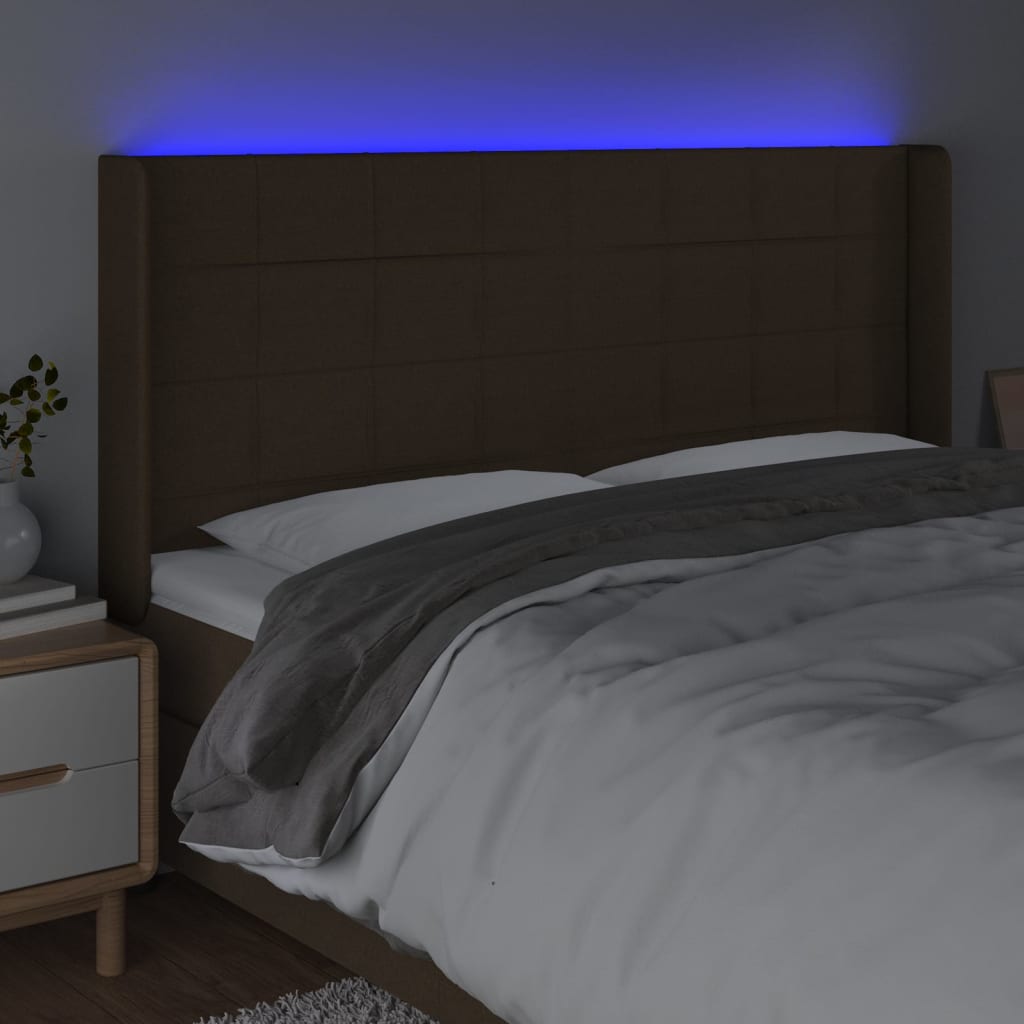 vidaXL Zagłówek do łóżka z LED ciemnobrązowy 183x16x118/128 cm tkanina