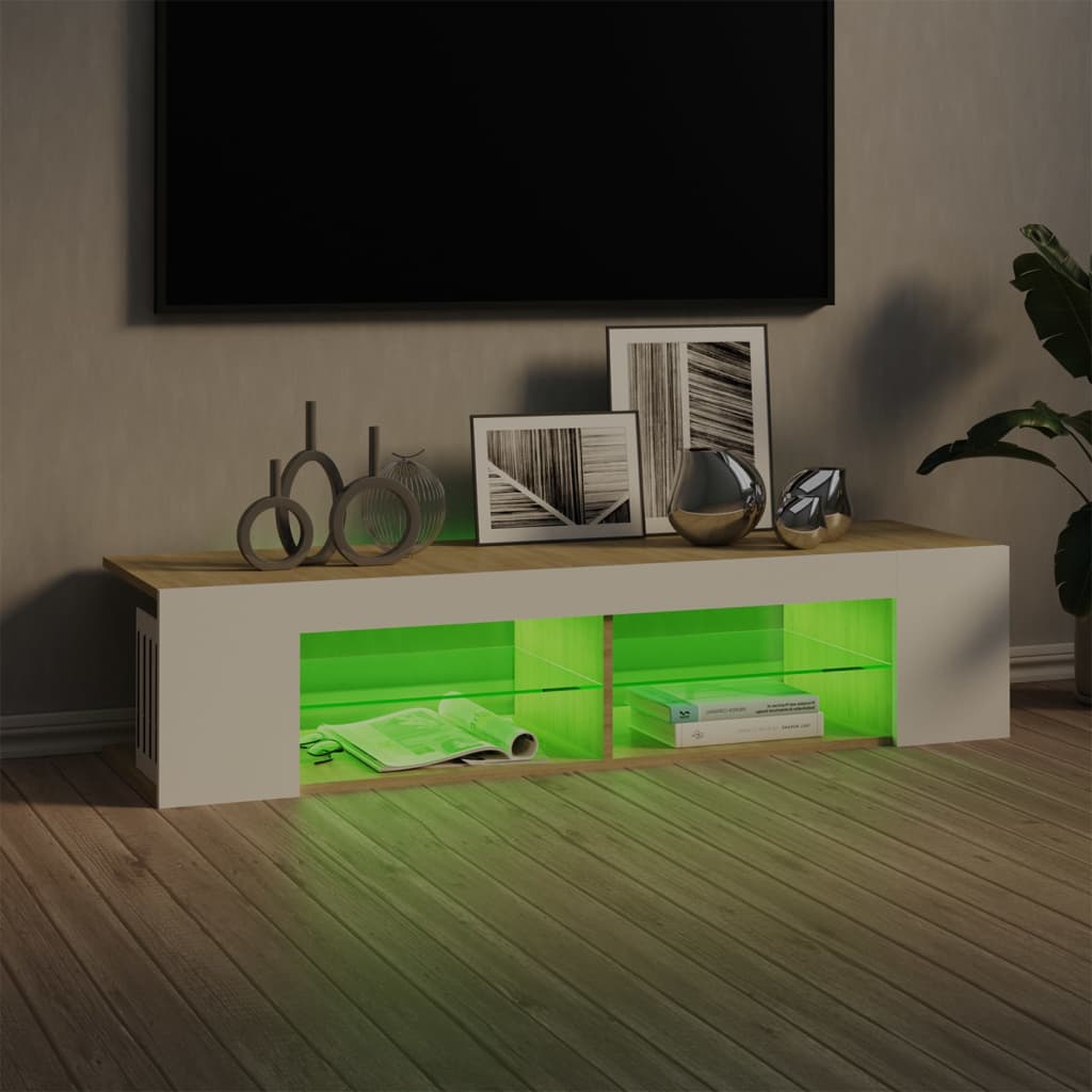 vidaXL Szafka TV z oświetleniem LED, biel i dąb sonoma, 135x39x30 cm
