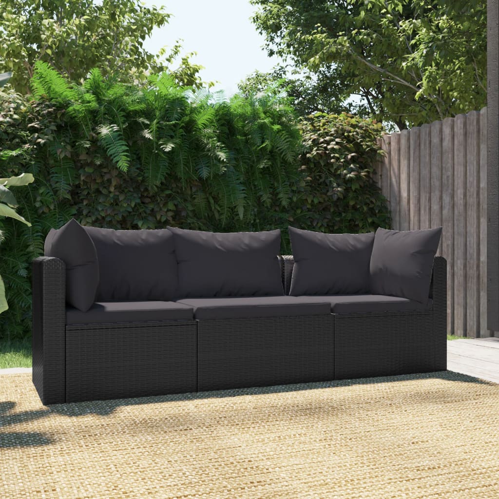 vidaXL 3-częściowa sofa ogrodowa, poduszki, rattan PE, czarny