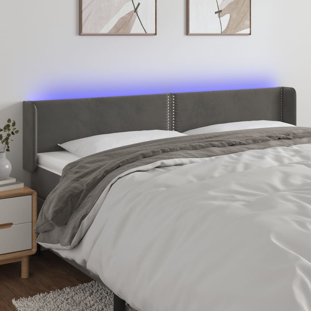 vidaXL Zagłówek do łóżka z LED, ciemnoszary, 163x16x78/88 cm, aksamit