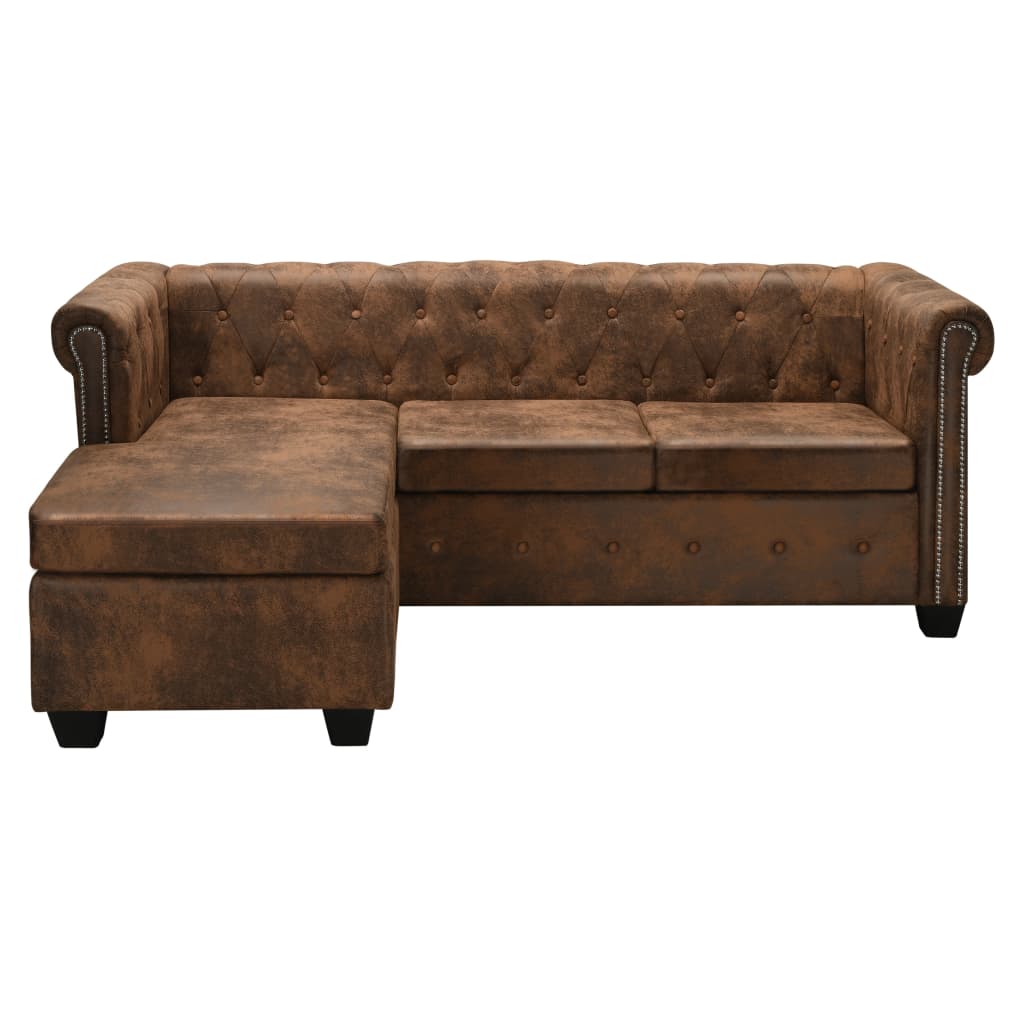 vidaXL Sofa narożna w stylu Chesterfield, sztuczny zamsz, brązowa