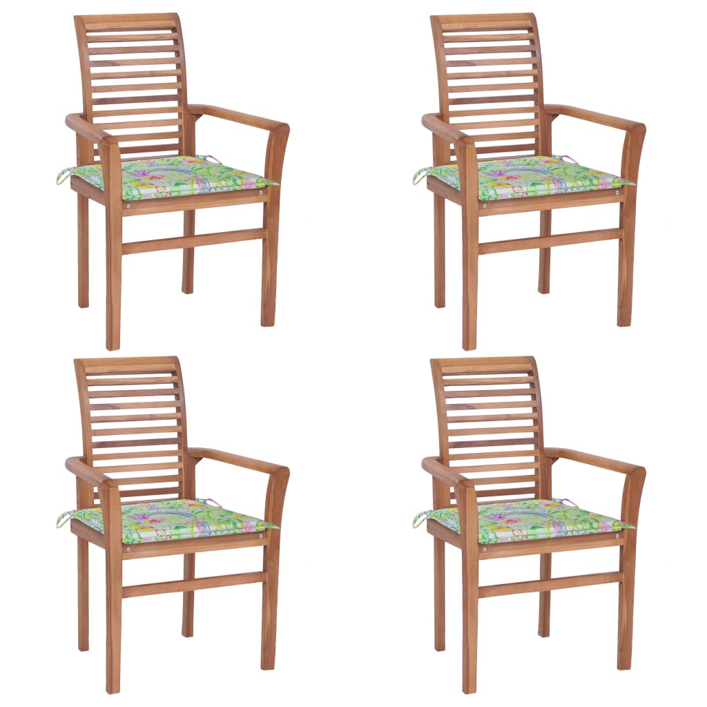 vidaXL Krzesła stołowe, 4 szt., poduszki w liście, drewno tekowe