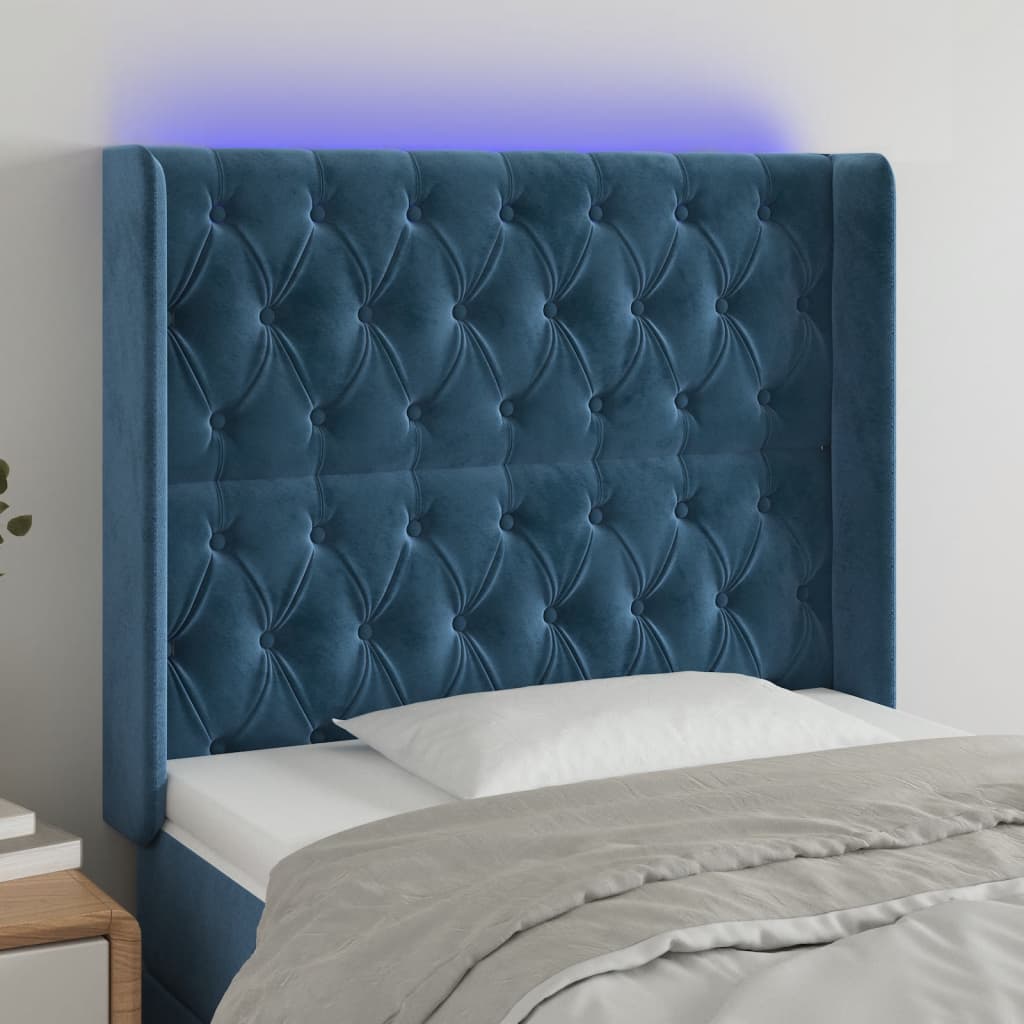 vidaXL Zagłówek do łóżka z LED ciemnoniebieski 93x16x118/128cm aksamit
