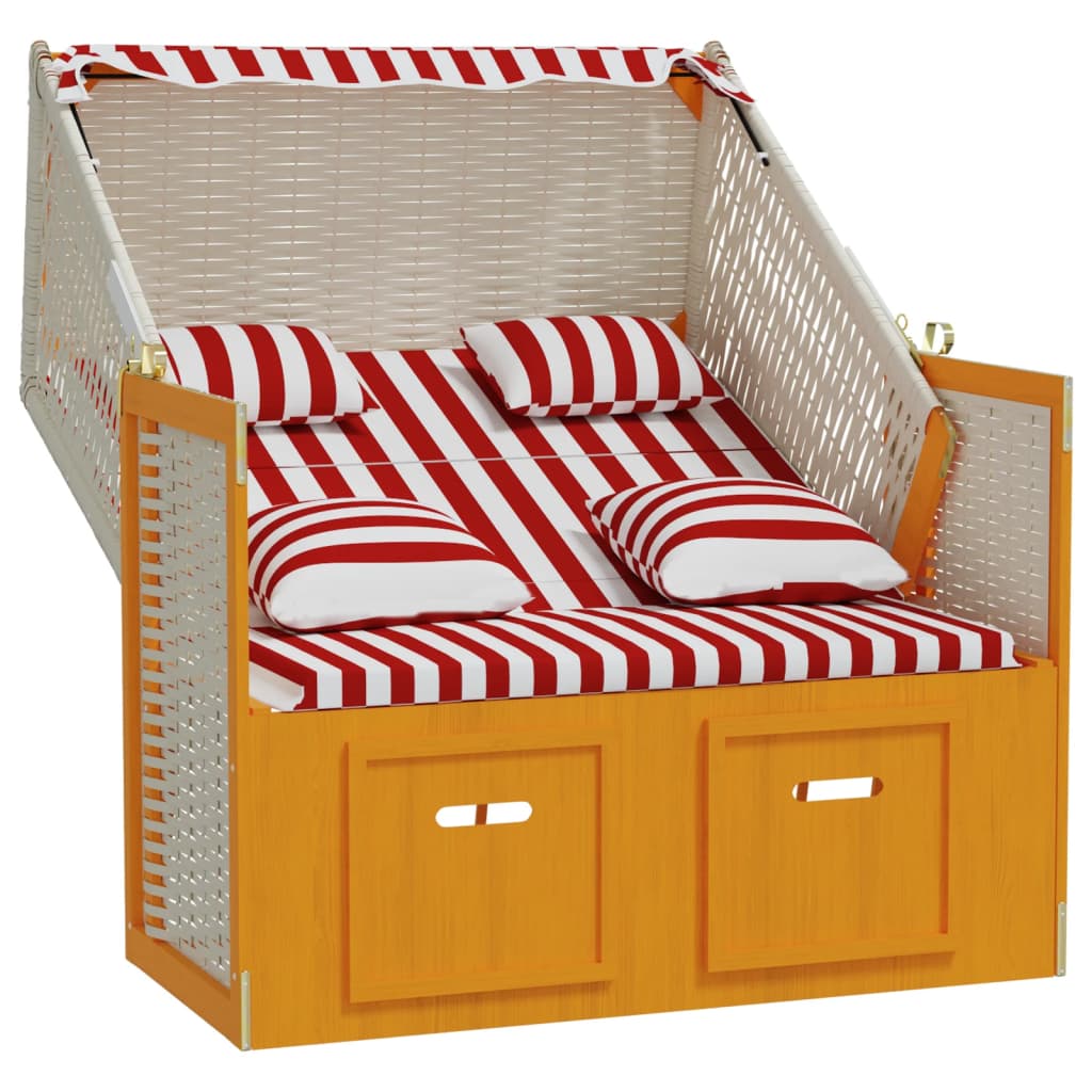 vidaXL Kosz plażowy z poduszkami, rattan PE i drewno, czerwono-biały