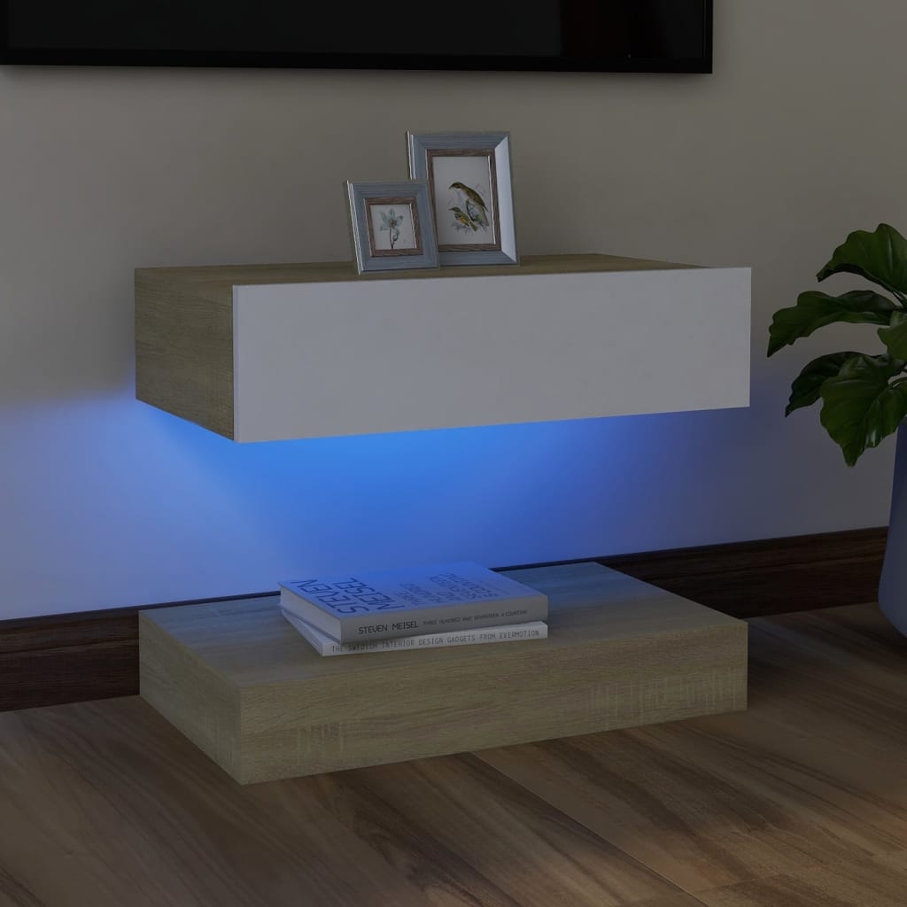 vidaXL Szafka pod TV z oświetleniem LED, biel i dąb sonoma, 60x35 cm