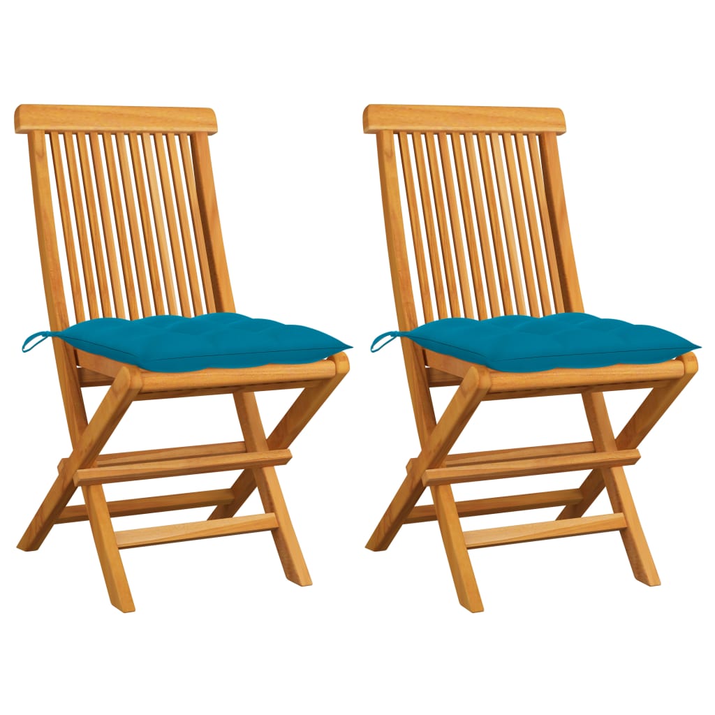 vidaXL Krzesła ogrodowe z jasnoniebieskimi poduszkami, 2 szt., tekowe