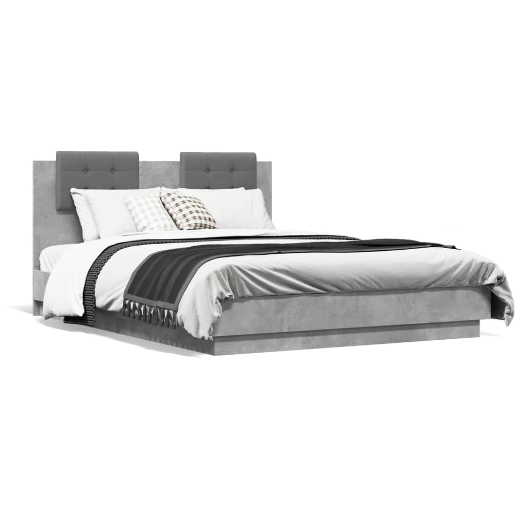 vidaXL Rama łóżka z wezgłowiem i LED, szarość betonu, 140x190 cm