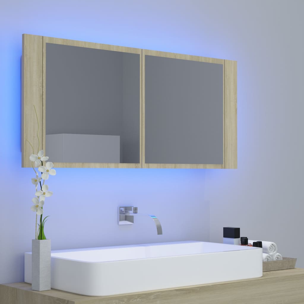 vidaXL Szafka łazienkowa z lustrem i LED, dąb sonoma, 100x12x45, akryl