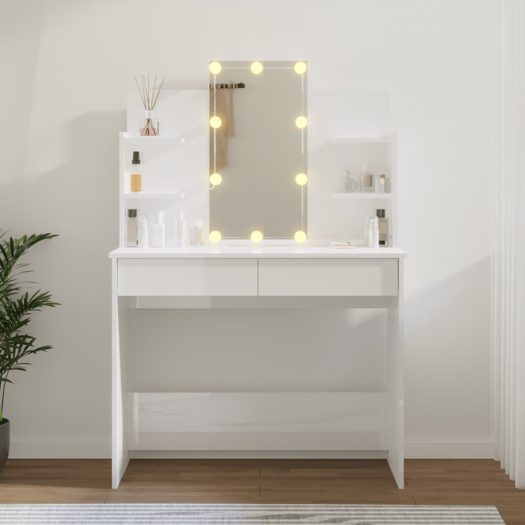 vidaXL Toaletka z oświetleniem LED, biała z połyskiem, 96x40x142 cm