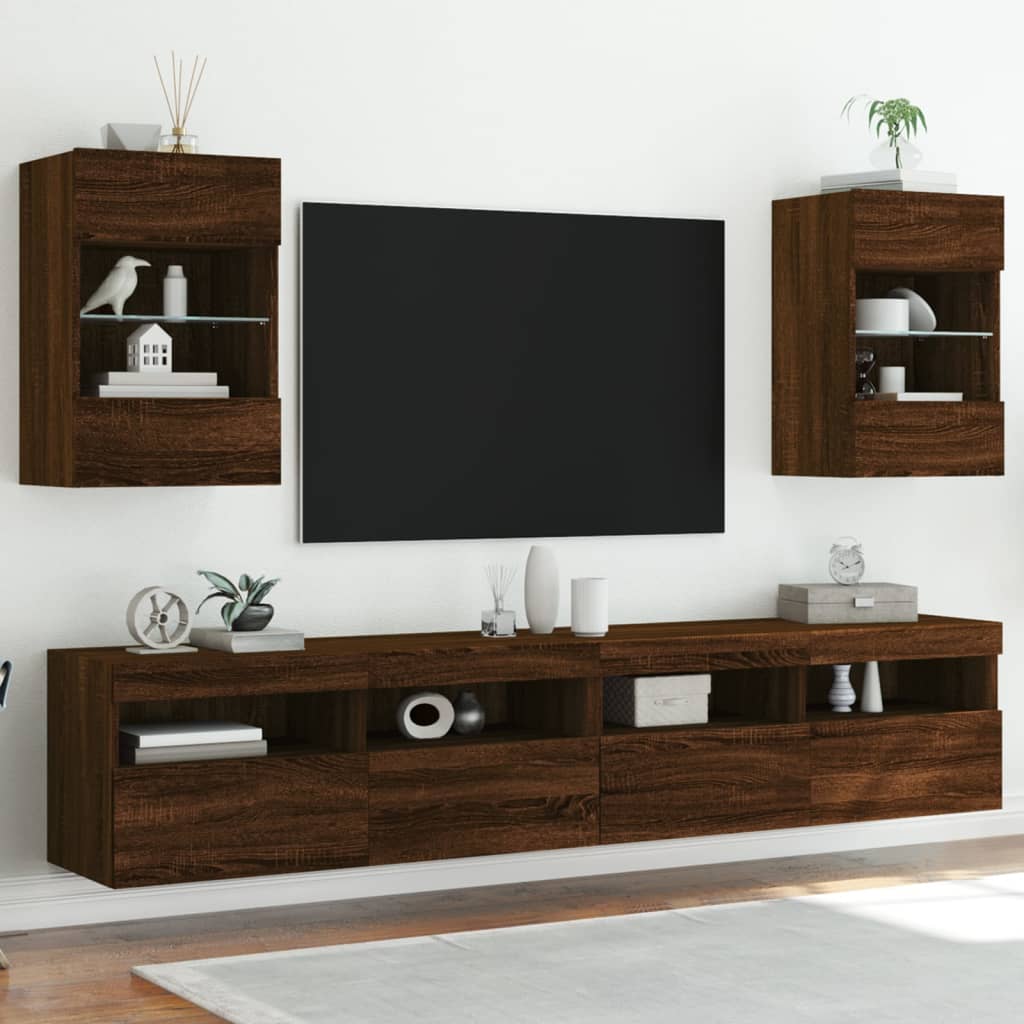 vidaXL Ścienne szafki TV z LED, 2 szt., brązowy dąb, 40x30x60,5 cm