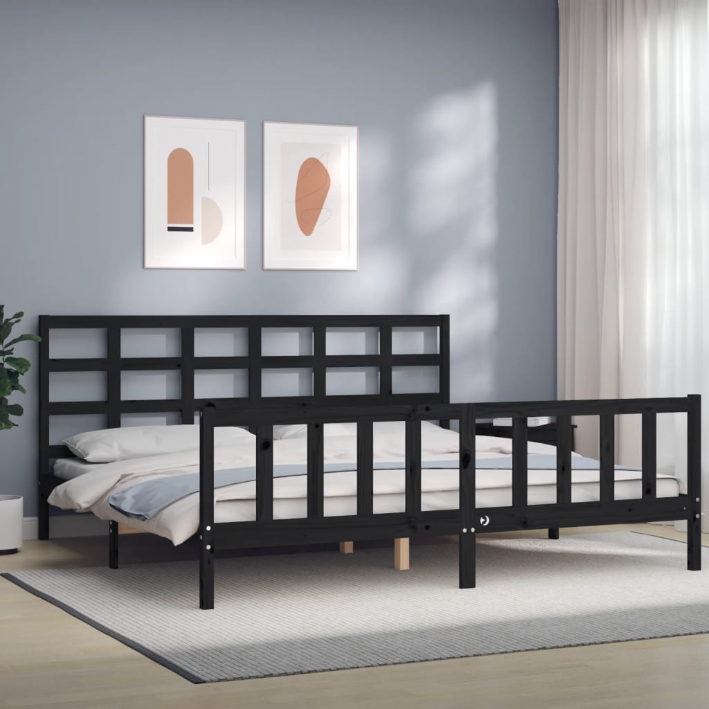 vidaXL Rama łóżka z zagłówkiem, czarna, 180x200 cm, drewniana