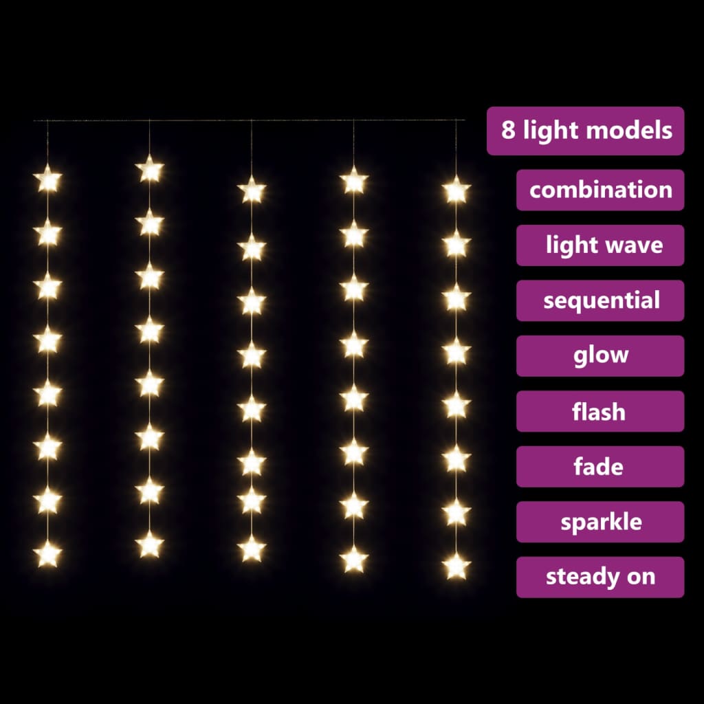 vidaXL Zasłona świetlnych gwiazdek 200 diod LED ciepła biel, 8 funkcji