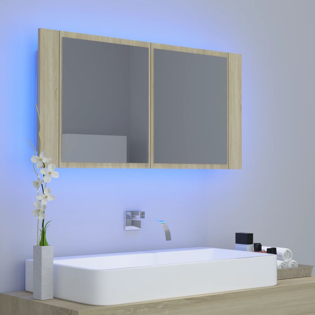 vidaXL Szafka łazienkowa z lustrem i LED, dąb sonoma, 90x12x45, akryl