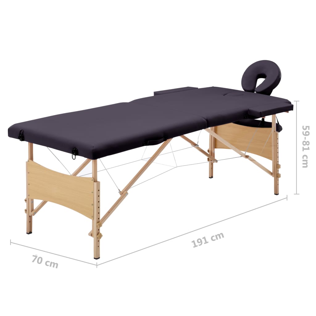 vidaXL Składany stół do masażu, 2-strefowy, drewniany, fioletowy