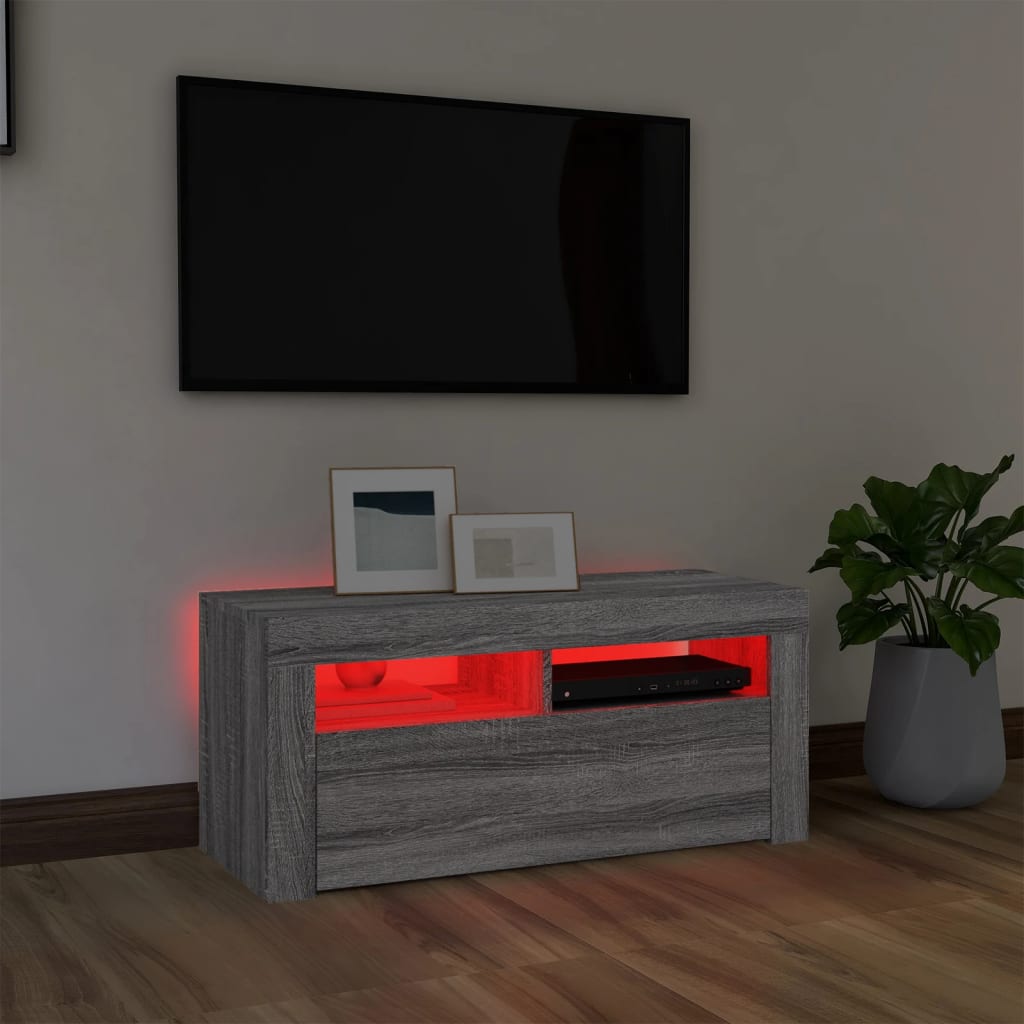 vidaXL Szafka pod TV z oświetleniem LED, szary dąb sonoma, 90x35x40 cm