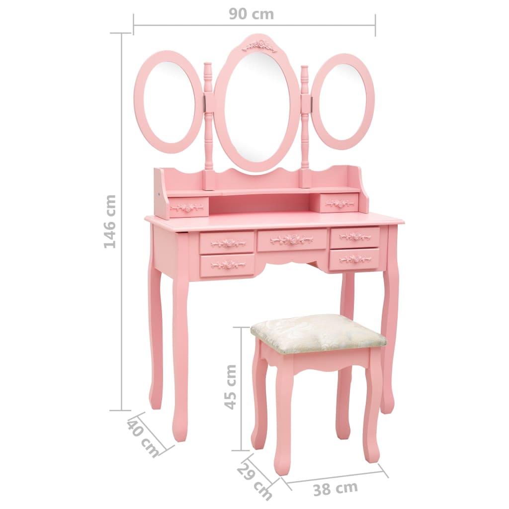 vidaXL Toaletka z taboretem i składanym, 3 częściowym lustrem, różowa