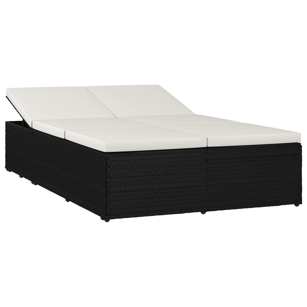vidaXL Rozkładane łóżko ogrodowe z poduszką, polirattan, czarne