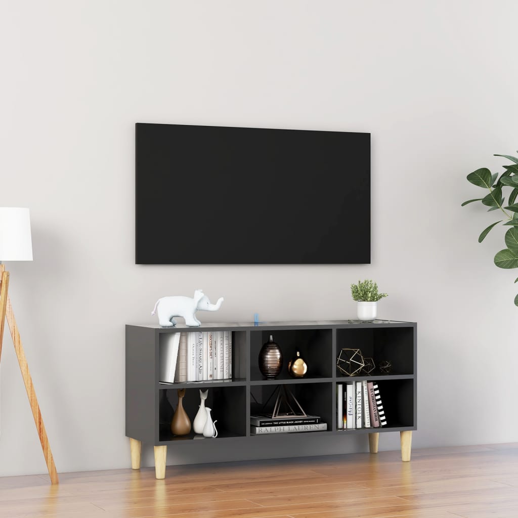 vidaXL Szafka TV z drewnianymi nóżkami, szara, połysk, 103,5x30x50 cm