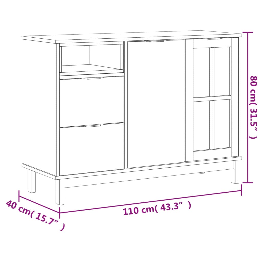 vidaXL Kredens z przeszklonymi drzwiami FLAM, 110x40x80 cm, lita sosna