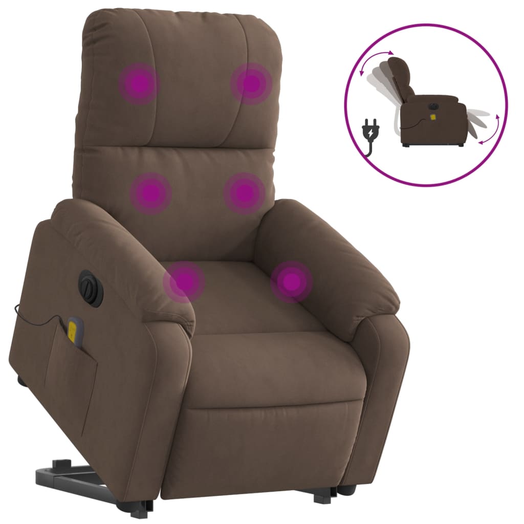 vidaXL Podnoszony fotel masujący, rozkładany, brązowy, mikrofibra