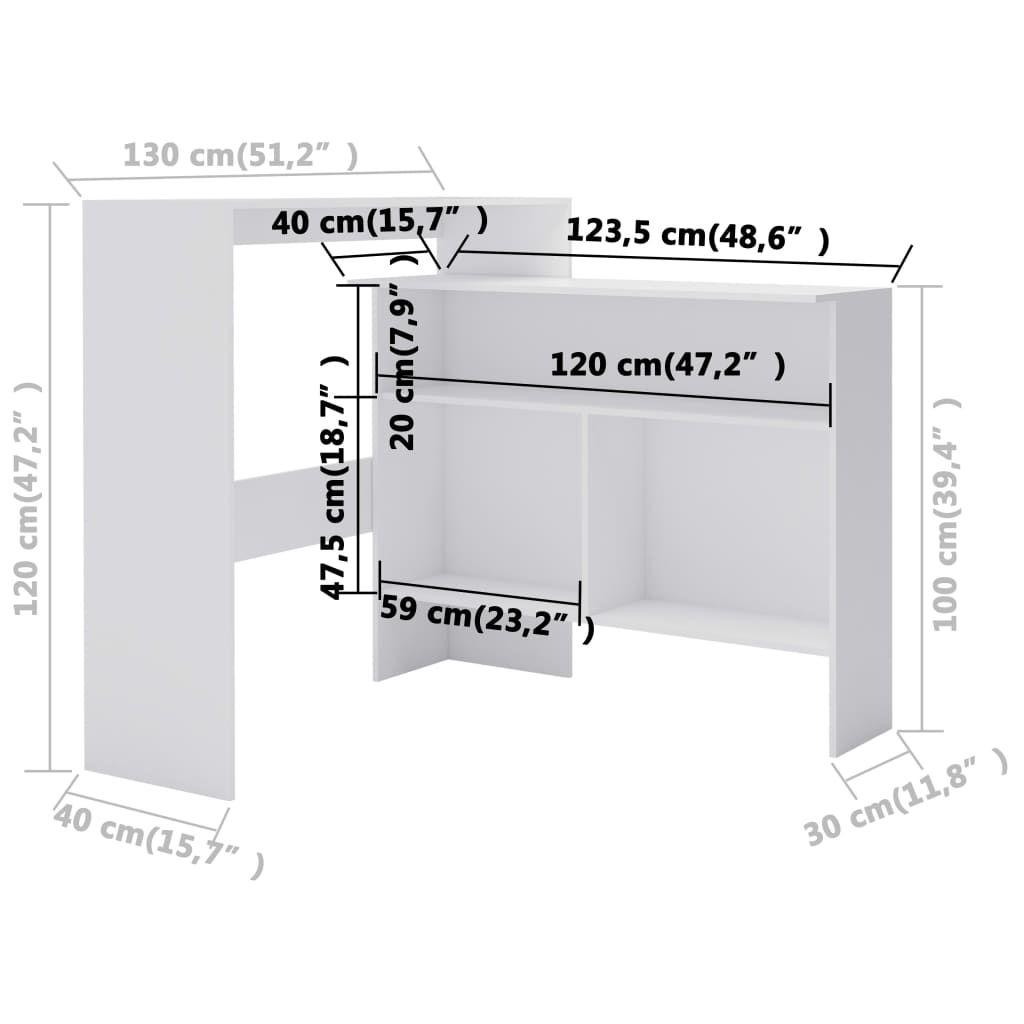 vidaXL Stół barowy z 2 blatami, biały, 130 x 40 x 120 cm